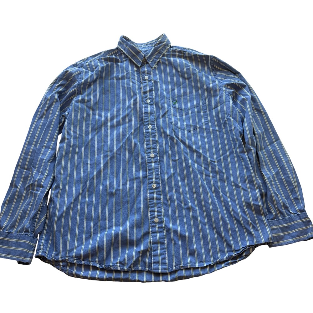 American Eagle Outfitters Men Striped Button Front Shirt XL Blue Long Sleeve Y2K